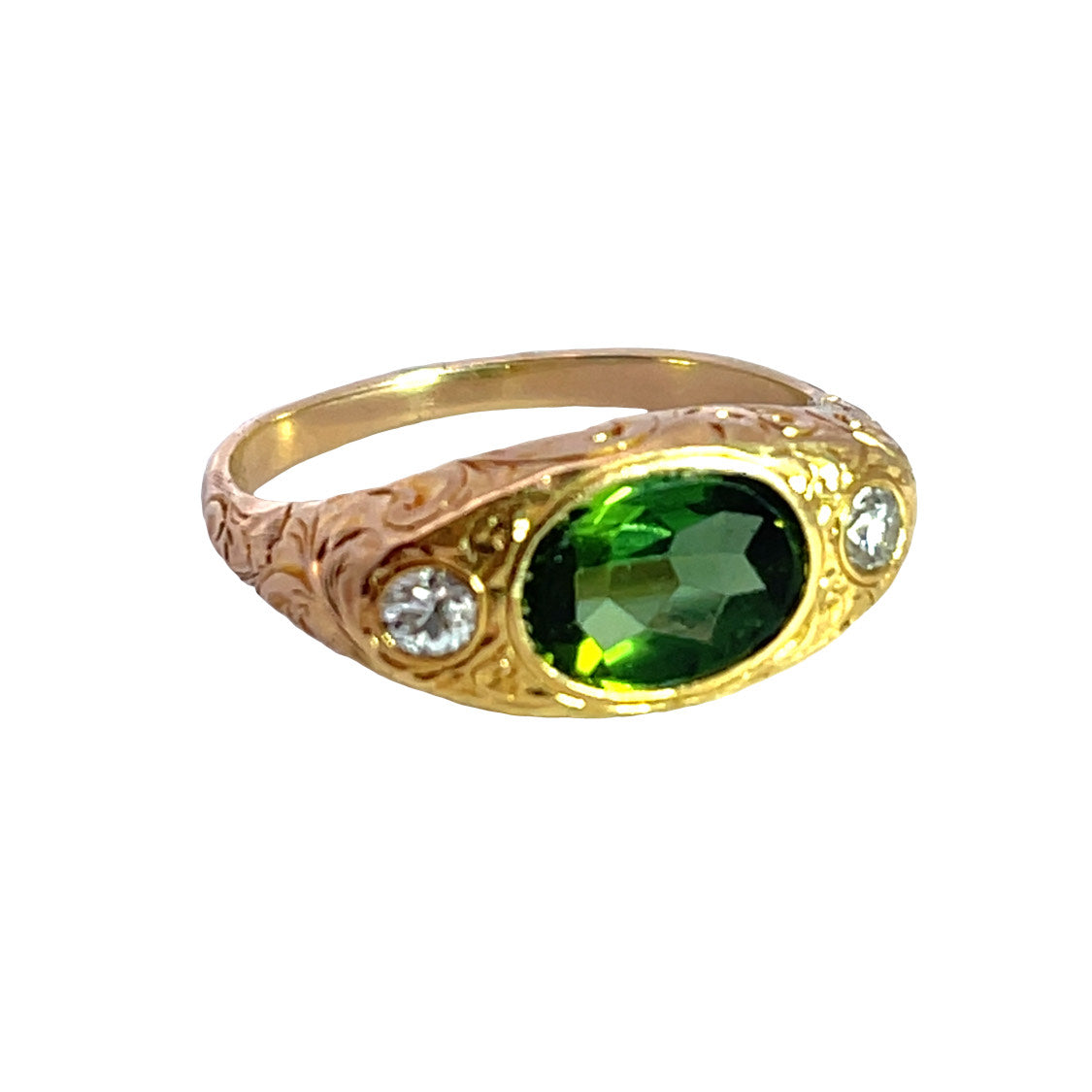 Victorian 14KY gold and tourmaline diamond hand carved ring