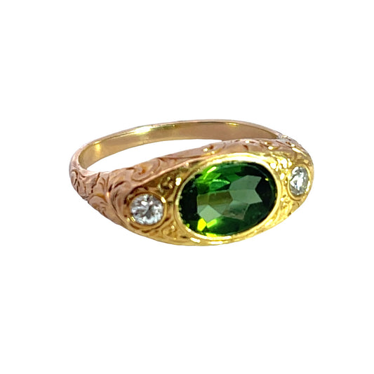 Victorian 14KY gold and tourmaline diamond hand carved ring
