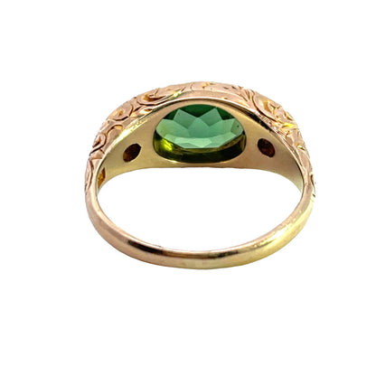 Victorian 14KY gold and tourmaline diamond hand carved ring