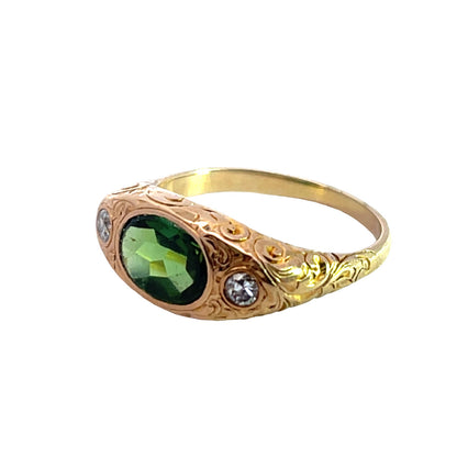 Victorian 14KY gold and tourmaline diamond hand carved ring