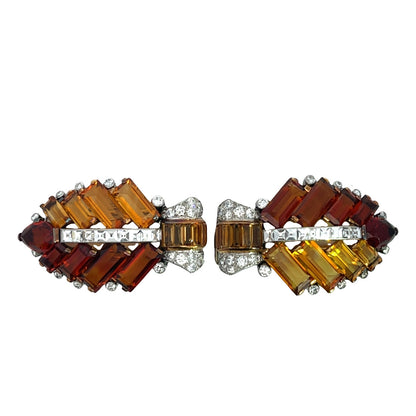 Art Deco 18K white and yellow gold Cartier citrine and diamond dress clips