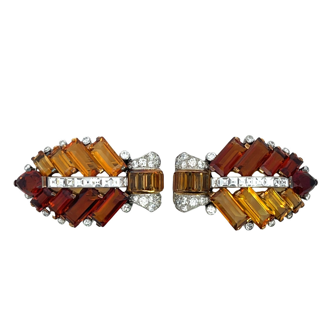 Art Deco 18K white and yellow gold Cartier citrine and diamond dress clips