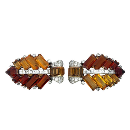 Art Deco 18K white and yellow gold Cartier citrine and diamond dress clips