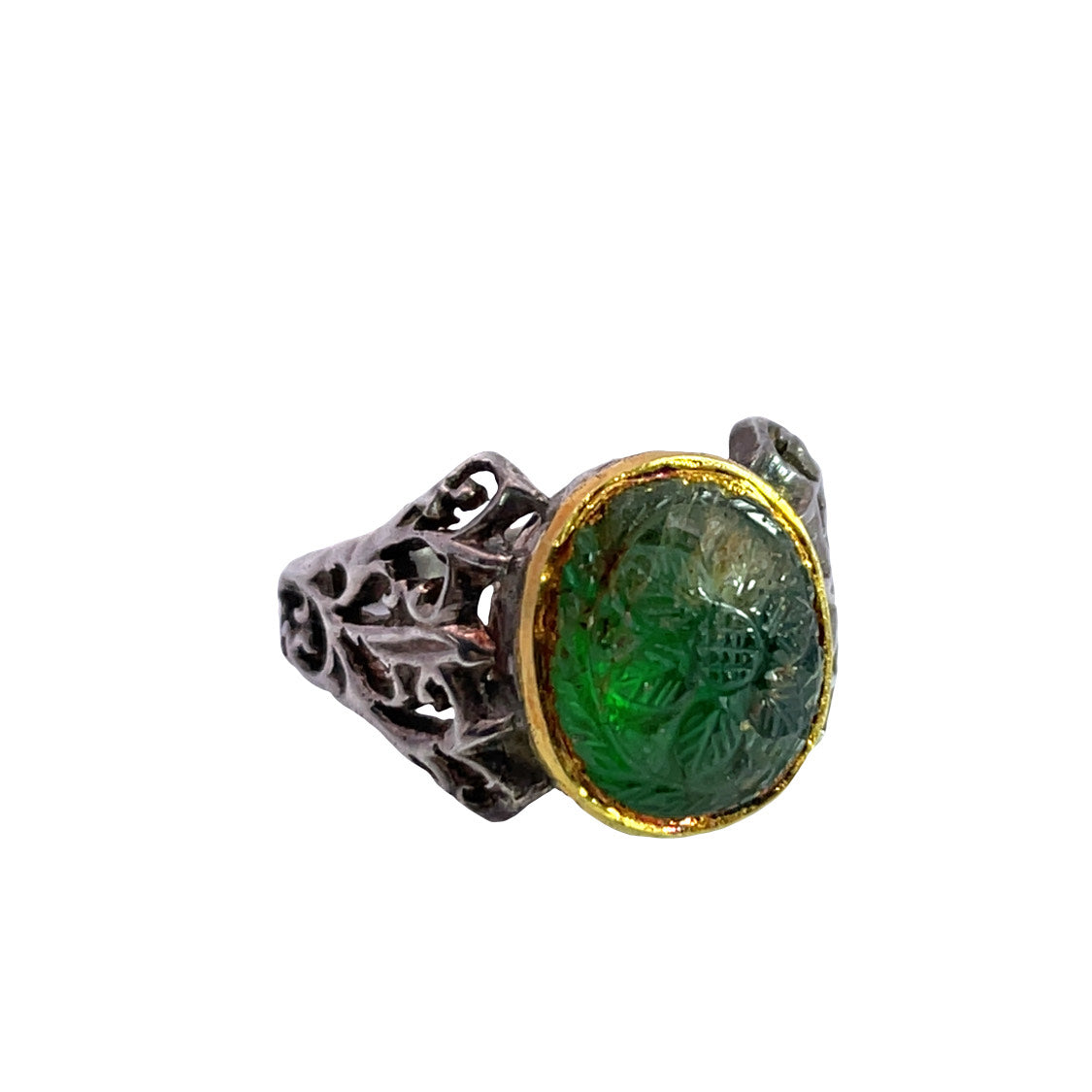 Victorian Sterling silver, 18KY gold and hand carved emerald ring