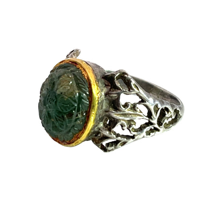 Victorian Sterling silver, 18KY gold and hand carved emerald ring