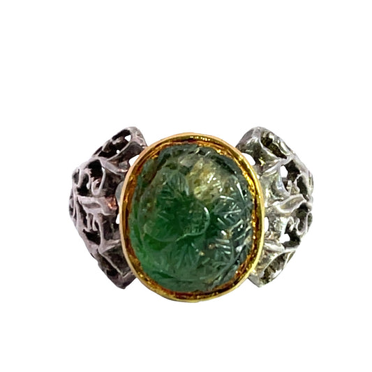 Victorian Sterling silver, 18KY gold and hand carved emerald ring