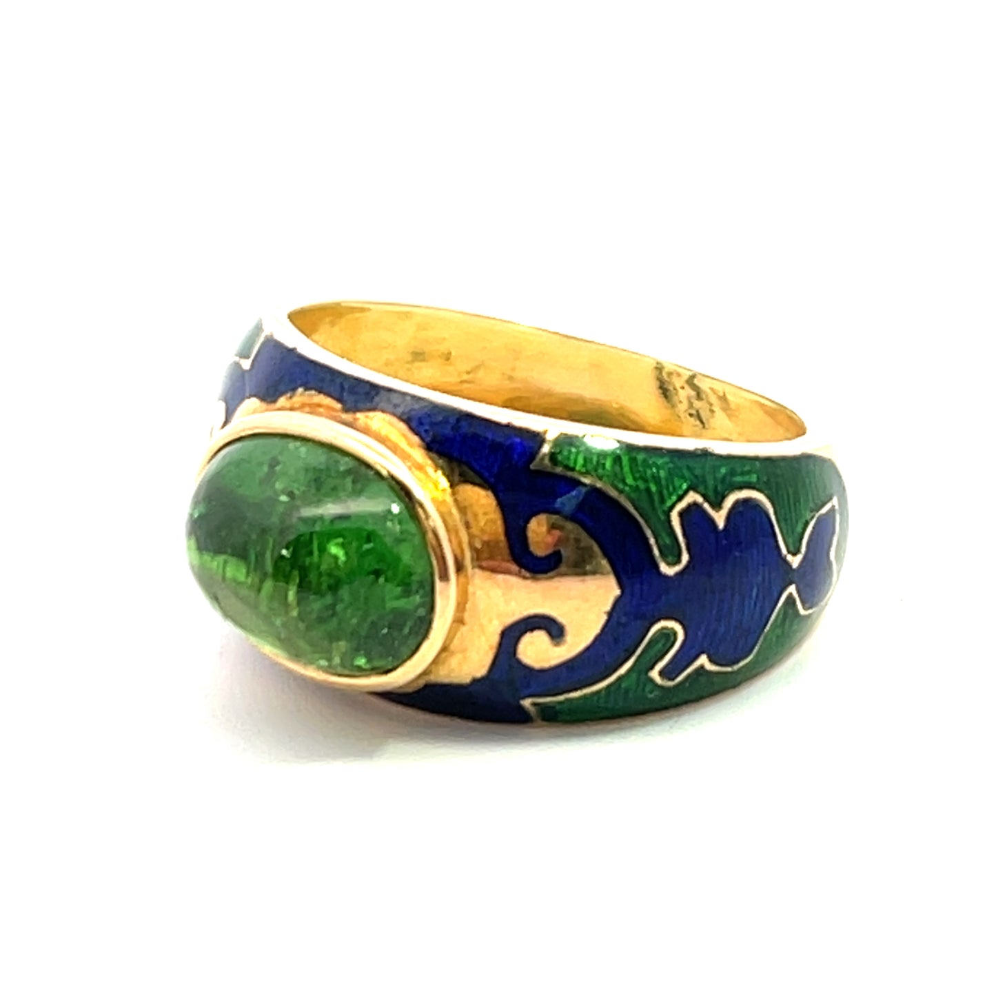 Modern 22Ky gold, emerald cabochon and enamel ring