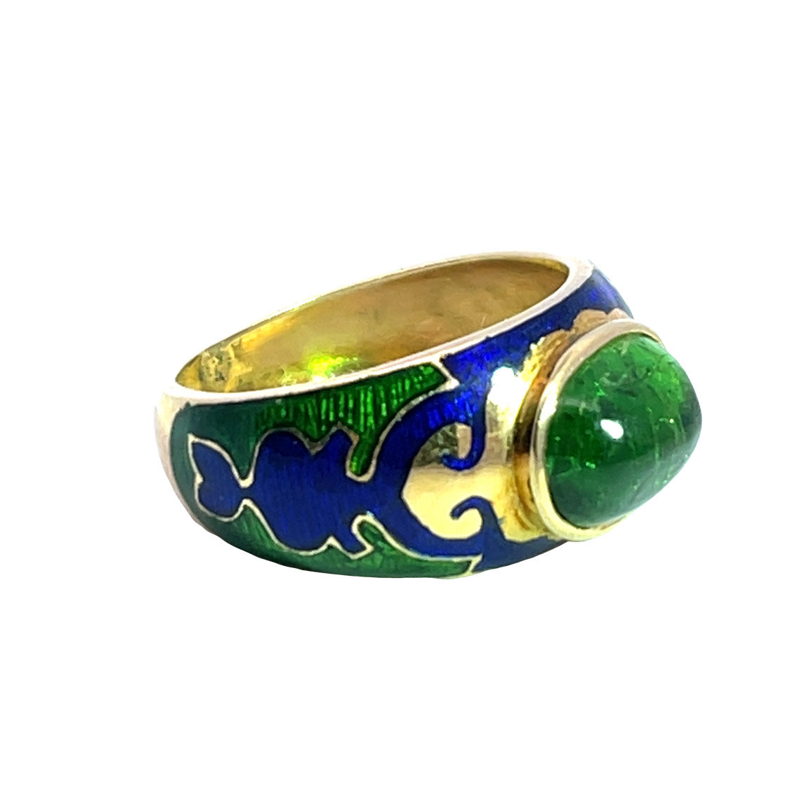 Modern 22Ky gold, emerald cabochon and enamel ring