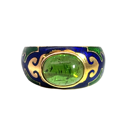 Modern 22Ky gold, emerald cabochon and enamel ring