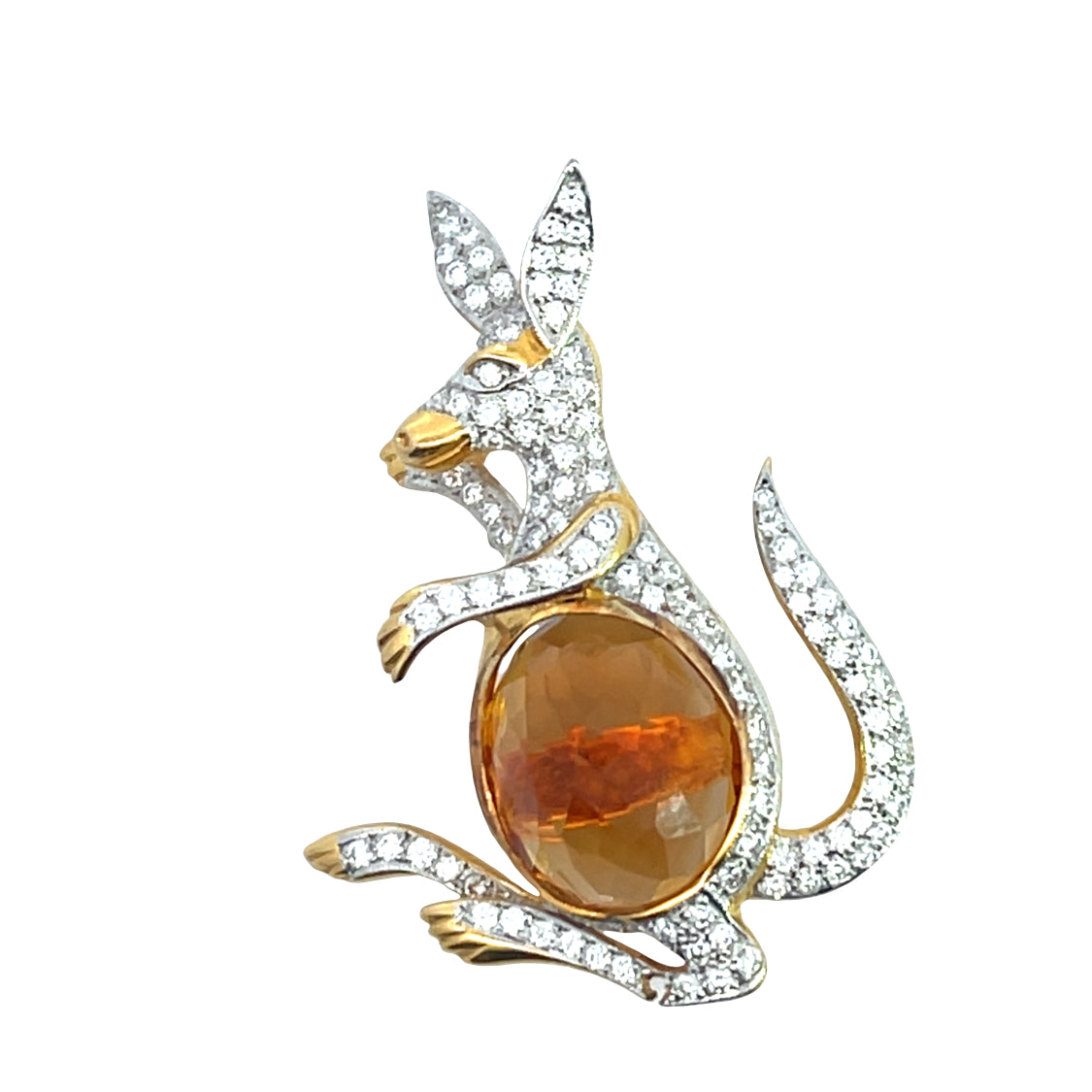 Modern 18KY gold, diamond and citrine kangaroo brooch