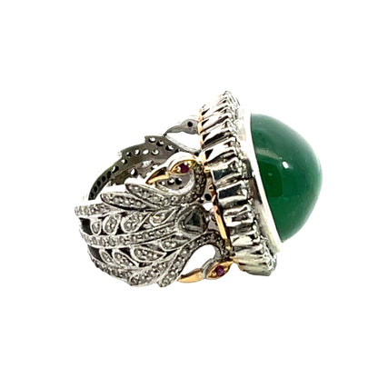 Modern 18KY gold, sterling silver, diamond, ruby and emerald cabochon ring