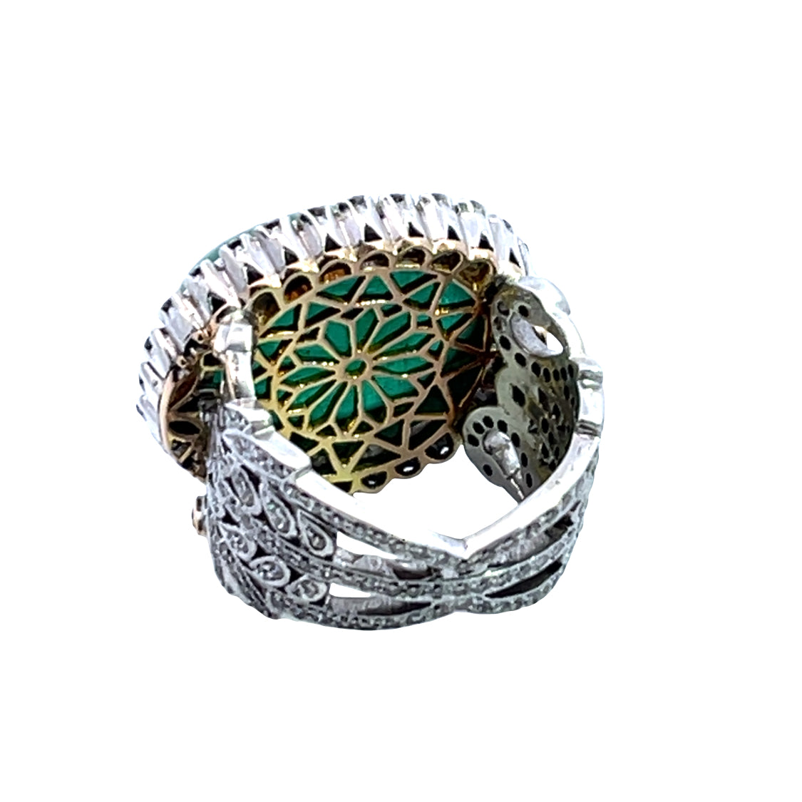 Modern 18KY gold, sterling silver, diamond, ruby and emerald cabochon ring