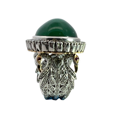 Modern 18KY gold, sterling silver, diamond, ruby and emerald cabochon ring