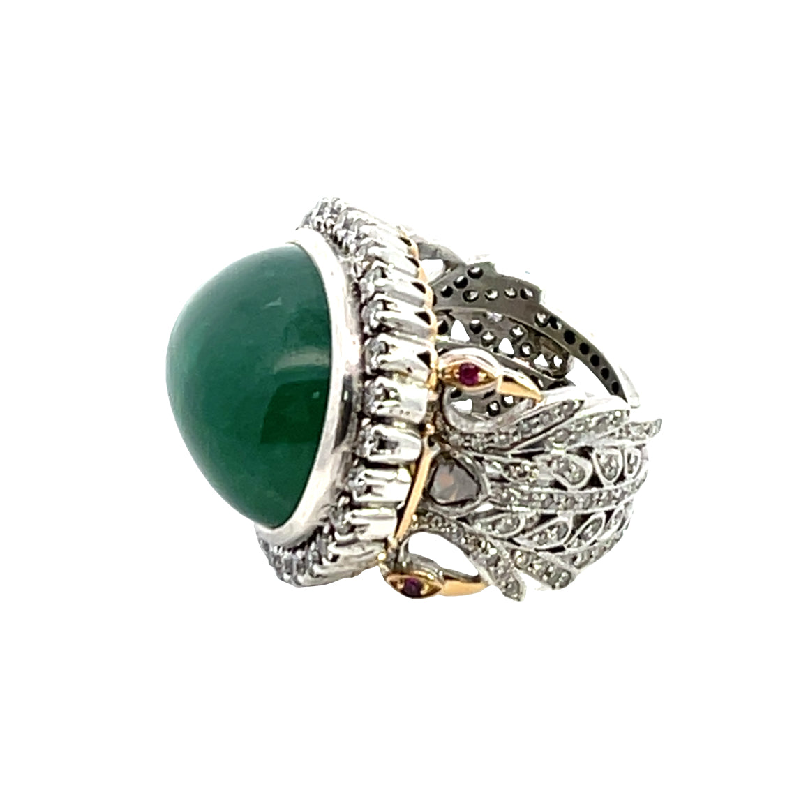 Modern 18KY gold, sterling silver, diamond, ruby and emerald cabochon ring