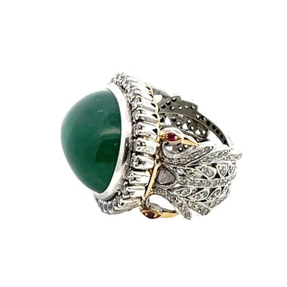 Modern 18KY gold, sterling silver, diamond, ruby and emerald cabochon ring