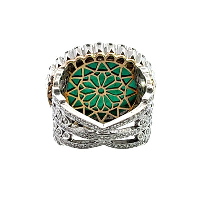 Modern 18KY gold, sterling silver, diamond, ruby and emerald cabochon ring