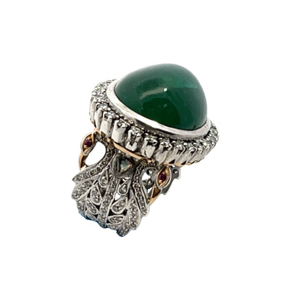 Modern 18KY gold, sterling silver, diamond, ruby and emerald cabochon ring