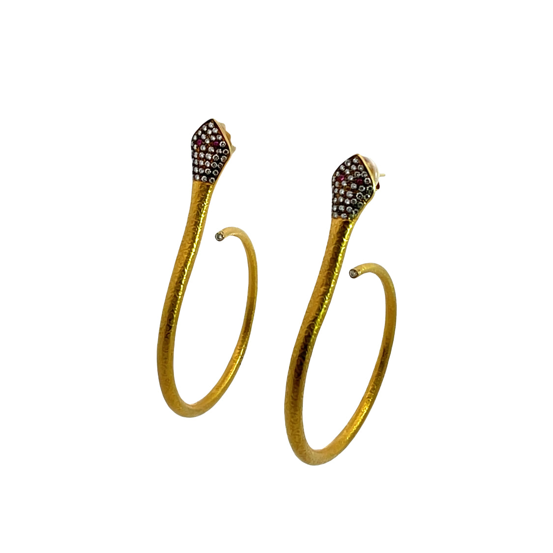 Modern 18KY gold, diamond and ruby snake hoop with post earrings