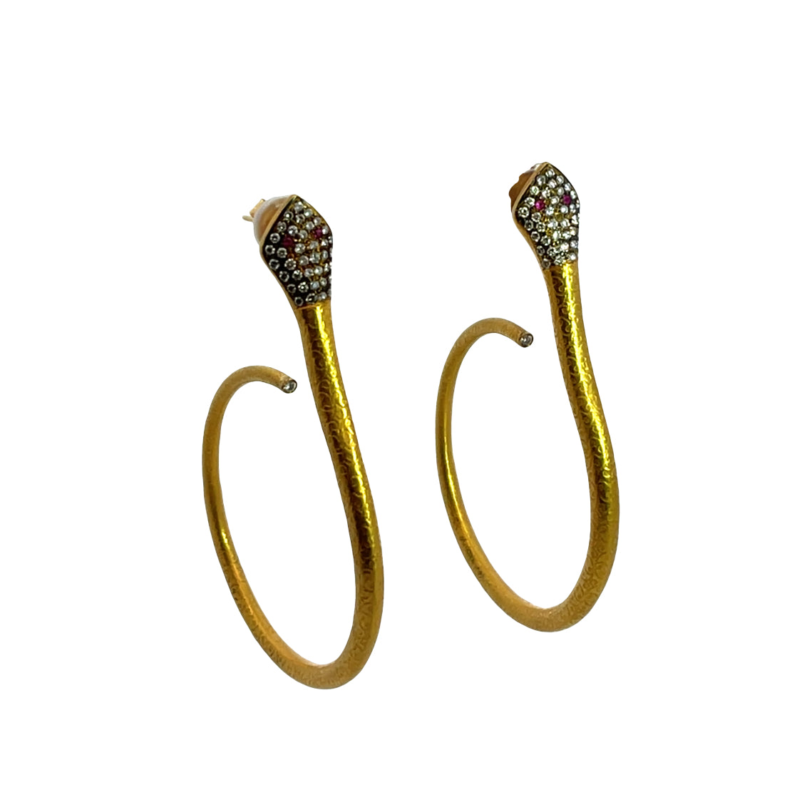 Modern 18KY gold, diamond and ruby snake hoop with post earrings