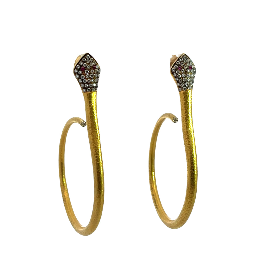 Modern 18KY gold, diamond and ruby snake hoop with post earrings