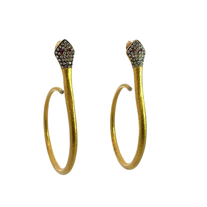 Modern 18KY gold, diamond and ruby snake hoop with post earrings