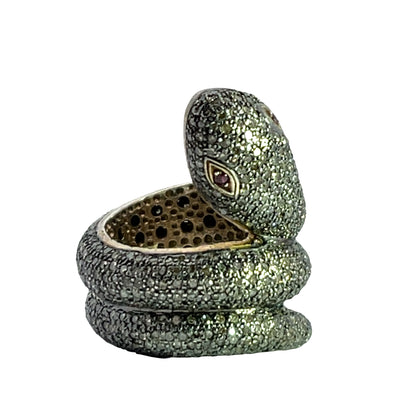Modern Sterling Silver, gold, diamond and ruby coiled snake ring