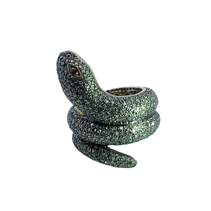 Modern Sterling Silver, gold, diamond and ruby coiled snake ring