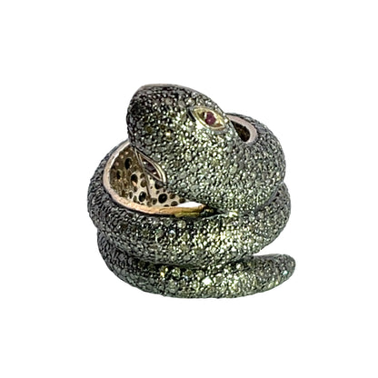 Modern Sterling Silver, gold, diamond and ruby coiled snake ring