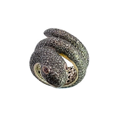 Modern Sterling Silver, gold, diamond and ruby coiled snake ring