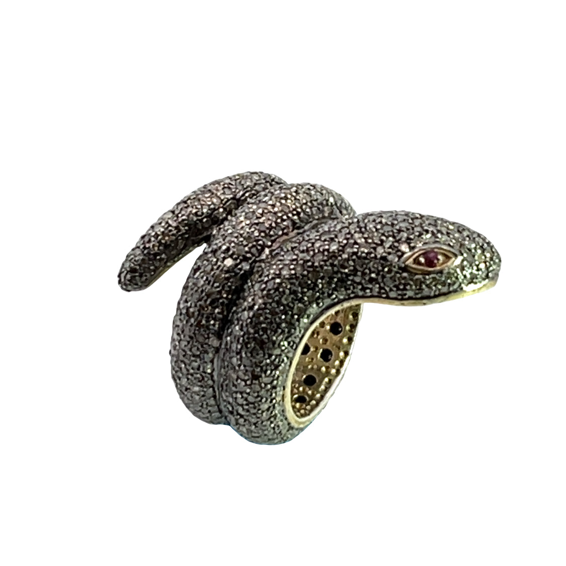 Modern Sterling Silver, gold, diamond and ruby coiled snake ring