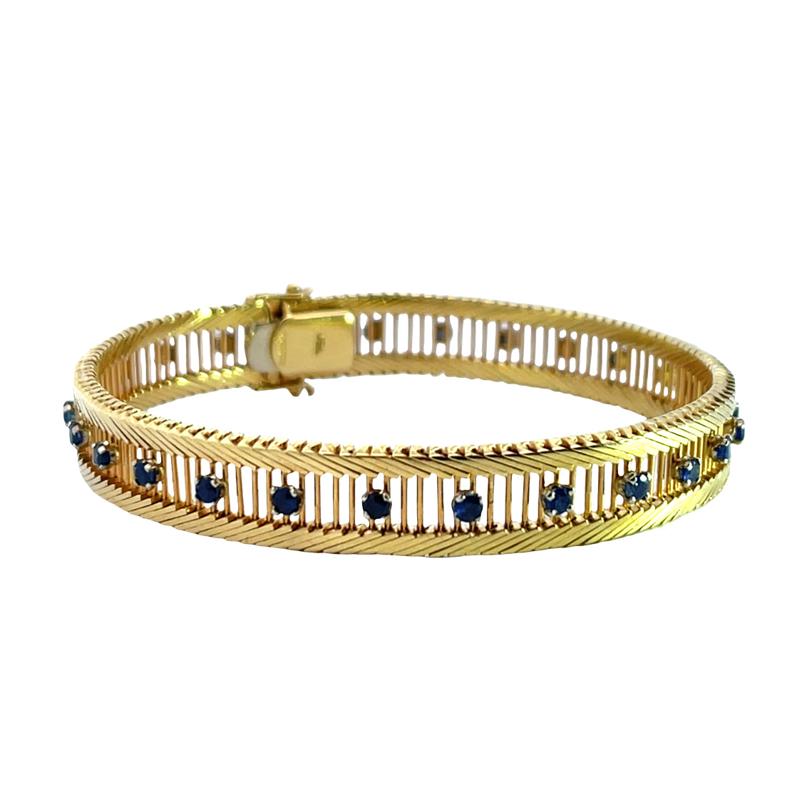 Mid Century Modern 18KY gold and blue sapphire 'lattice' bracelet
