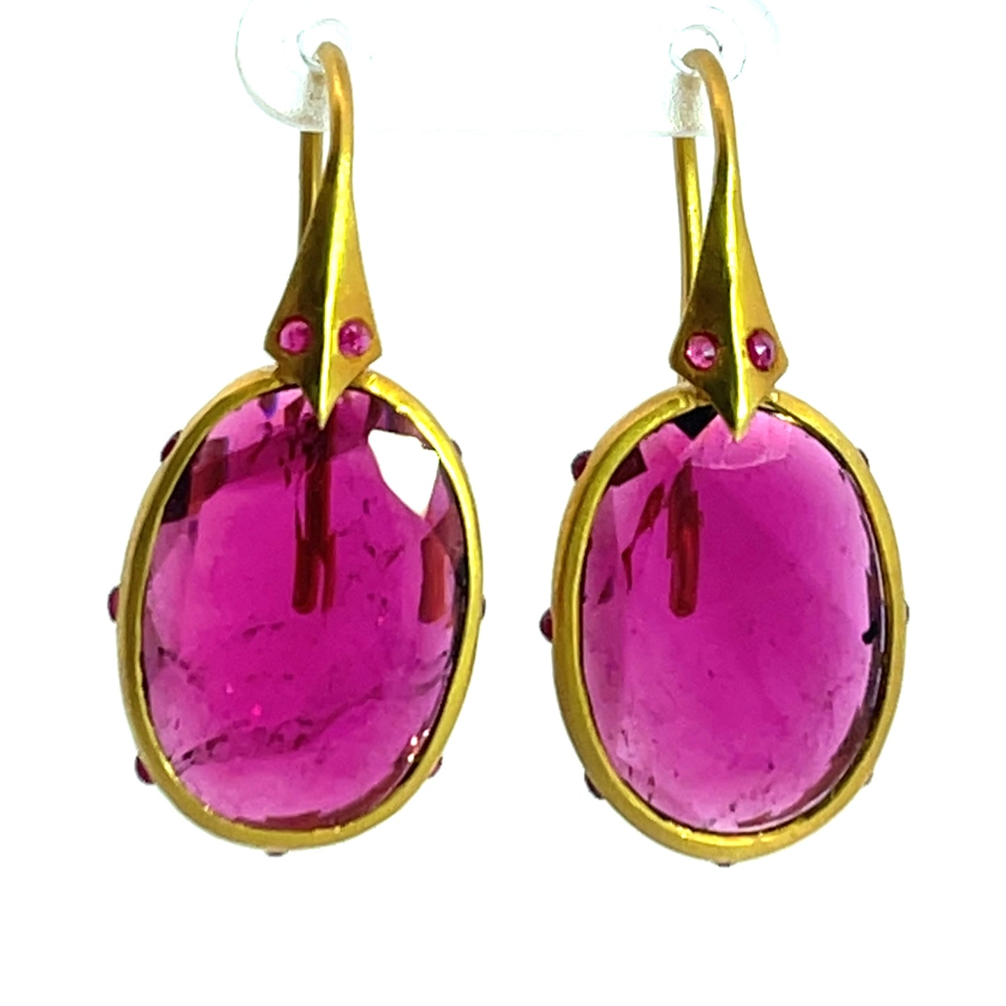 Modern 22KY gold, Burmese ruby and rubellite tourmaline snake earrings