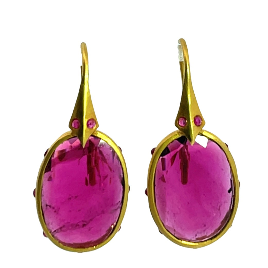 Modern 22KY gold, Burmese ruby and rubellite tourmaline snake earrings