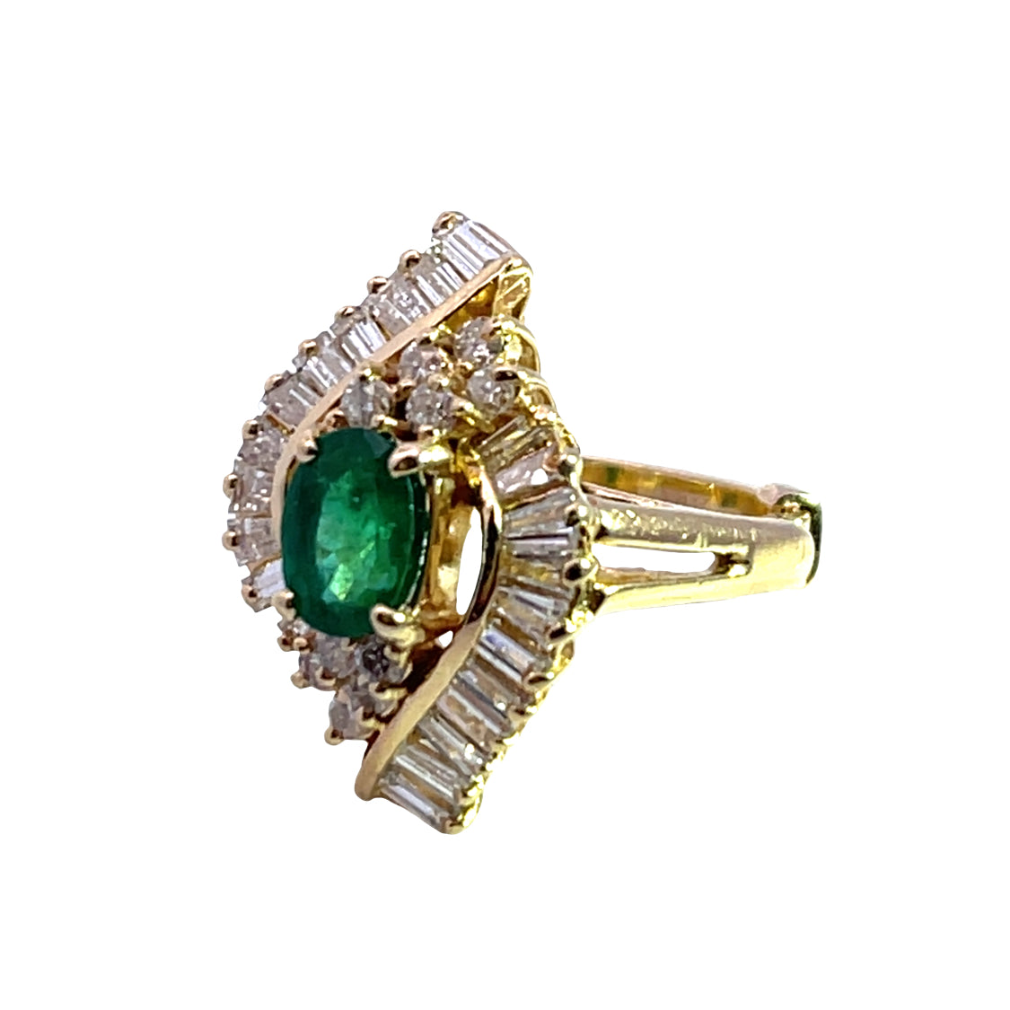 Modern 14KY gold, diamond and emerald ring