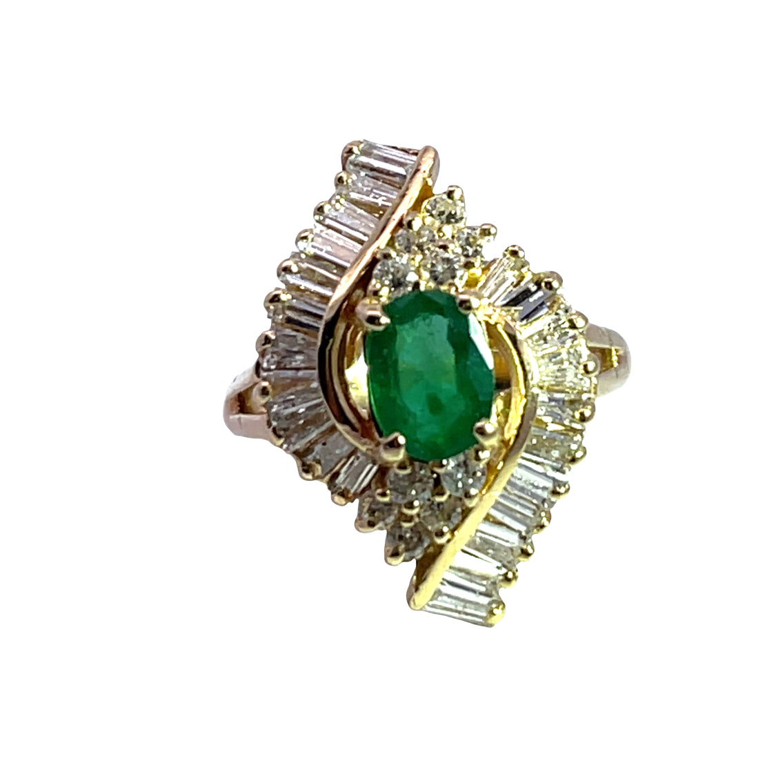 Modern 14KY gold, diamond and emerald ring