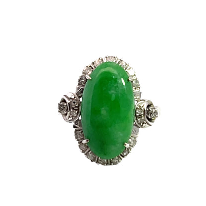 Art Deco 14K white gold, jade and diamond ring