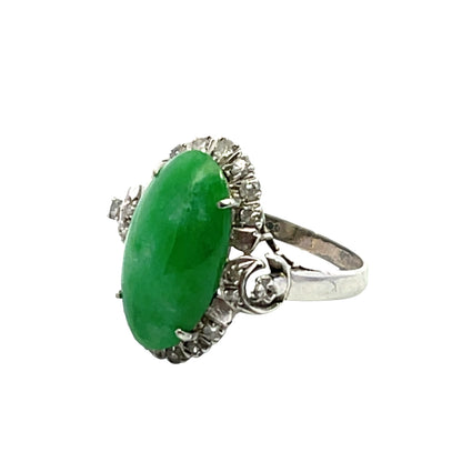 Art Deco 14K white gold, jade and diamond ring