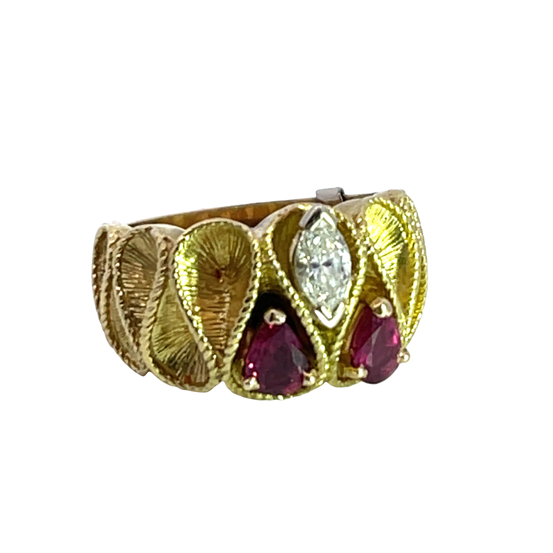 Modern 18KY gold diamond and ruby ribbon ring