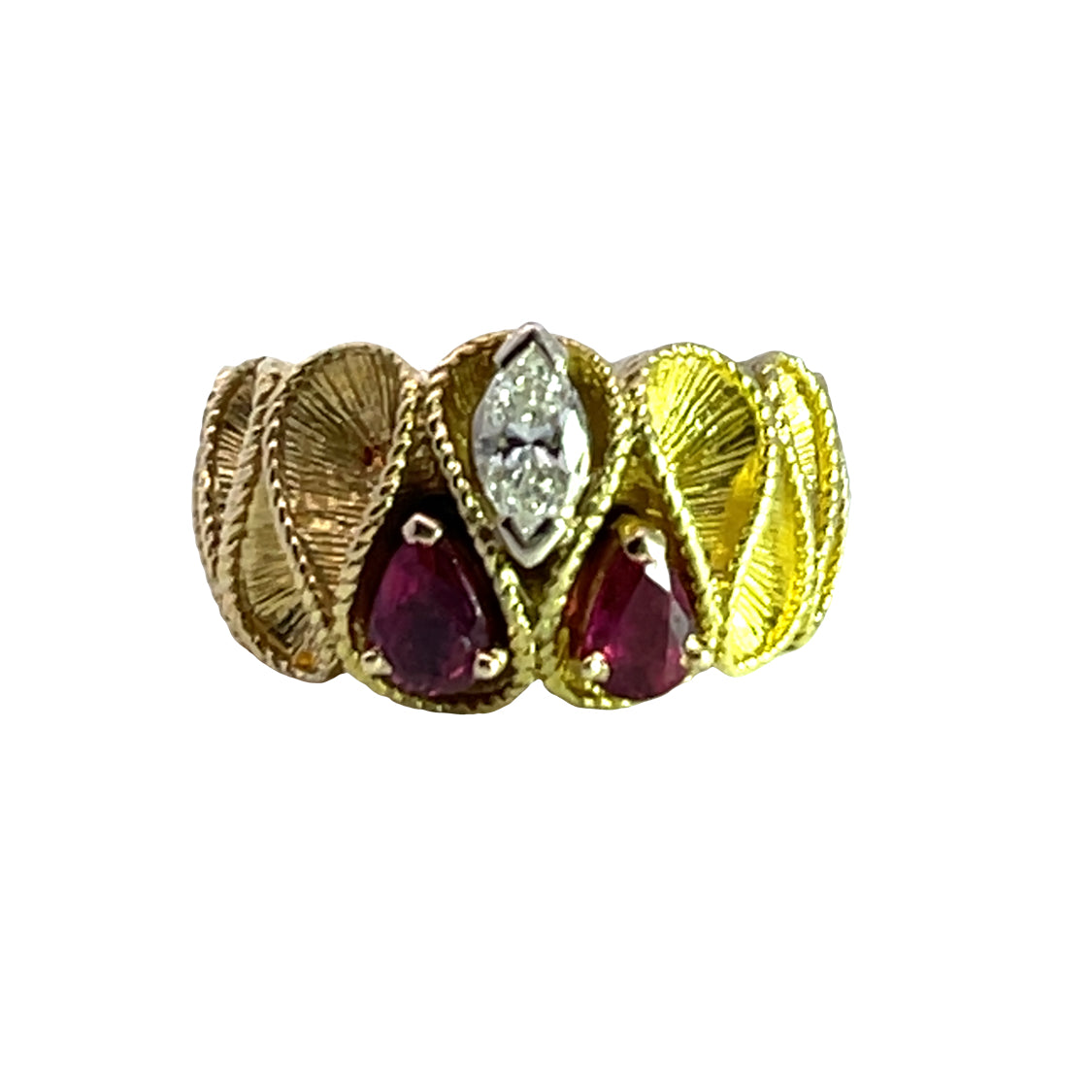 Modern 18KY gold diamond and ruby ribbon ring