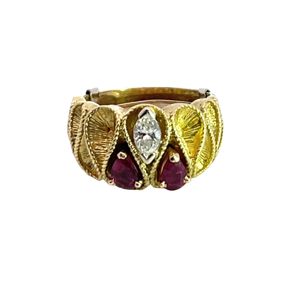 Modern 18KY gold diamond and ruby ribbon ring