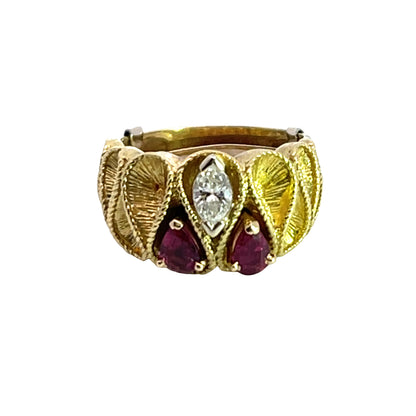 Modern 18KY gold diamond and ruby ribbon ring