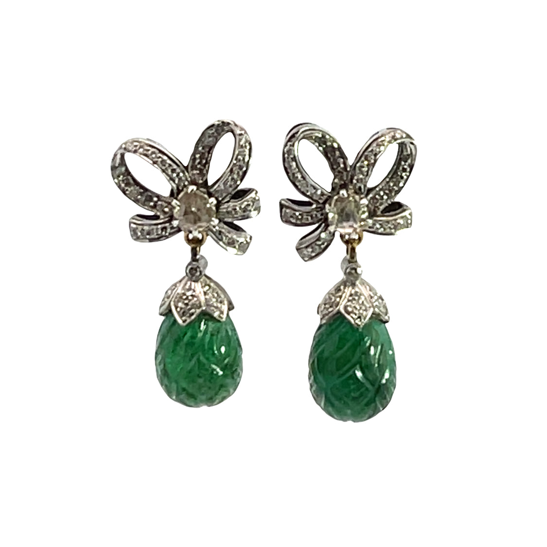 Mid Century Modern Sterling Silver, 18KY gold diamond and carved emerald drop post earrings