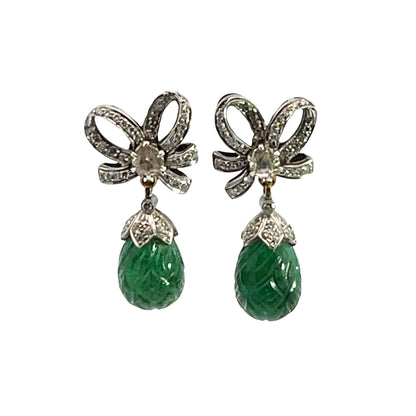 Mid Century Modern Sterling Silver, 18KY gold diamond and carved emerald drop post earrings