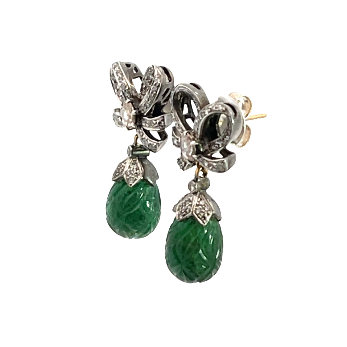 Mid Century Modern Sterling Silver, 18KY gold diamond and carved emerald drop post earrings