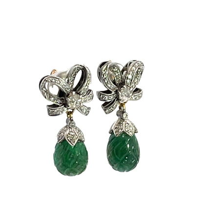 Mid Century Modern Sterling Silver, 18KY gold diamond and carved emerald drop post earrings