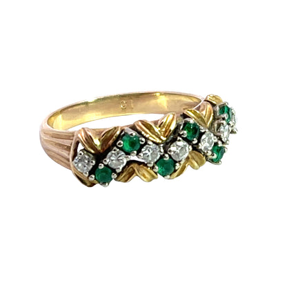 Modern 14KY gold natural diamond and emerald 'basket weave' ring