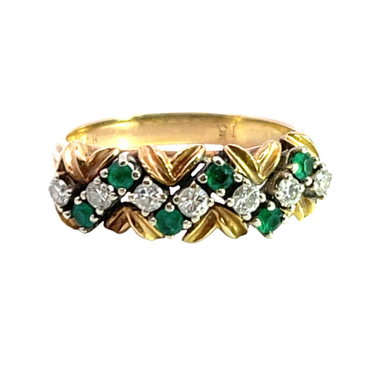 Modern 14KY gold natural diamond and emerald 'basket weave' ring