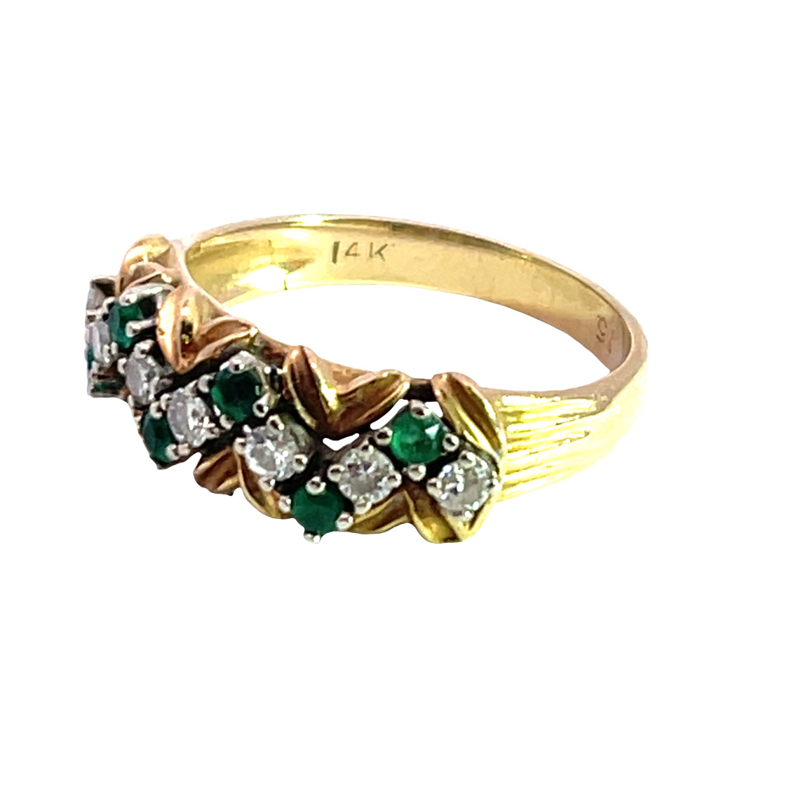 Modern 14KY gold natural diamond and emerald 'basket weave' ring