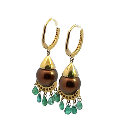 Modern 18KY gold, South Seas Pearls, emeralds and diamond drop earrings