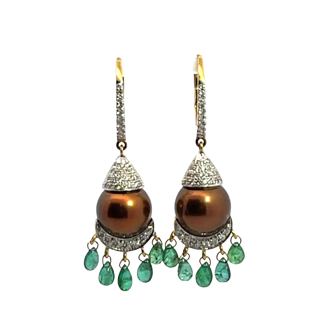 Modern 18KY gold, South Seas Pearls, emeralds and diamond drop earrings